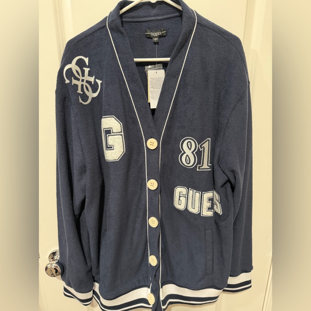 NWT…Guess Navy Blue Varsity Cardigan with White Trim and Patches